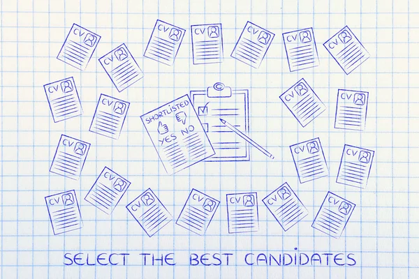 Shortlist document surrounded by lots of resumes — Stock Photo, Image