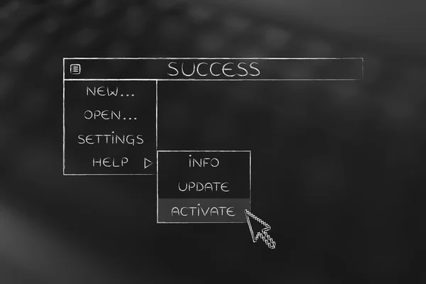 Success dropdown menu, pointer selecting the Activate option — Stock Photo, Image