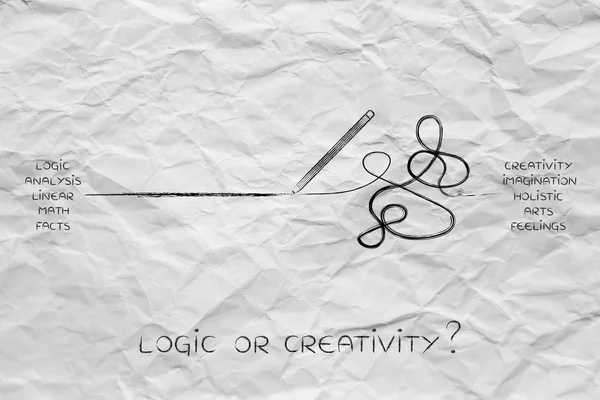 Logique vs processus créatif, marques crayon droites et désordonnées — Photo