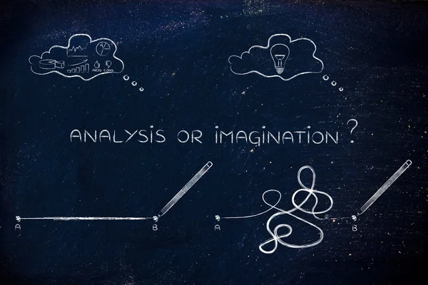 Racionalidade vs processo criativo, linhas de ponto A a B e pensamento — Fotografia de Stock