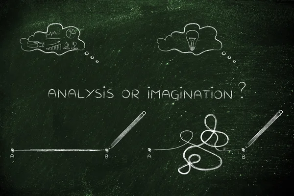 Racionalidade vs processo criativo, linhas de ponto A a B e pensamento — Fotografia de Stock