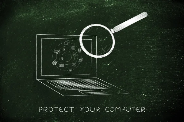 Laptop analizowany przez szkło powiększające, skanowanie antywirusowe — Zdjęcie stockowe