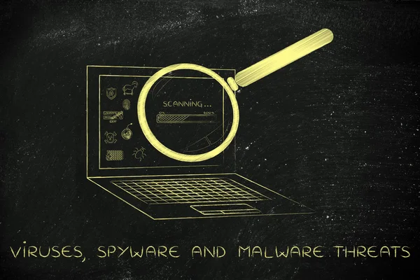 Laptop analyzed by magnifying glass, antivirus scan (progress ba — Stock Photo, Image