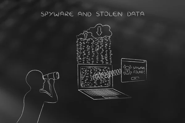 Hombre con prismáticos espiando datos privados, spyware encontrado pop-up — Foto de Stock