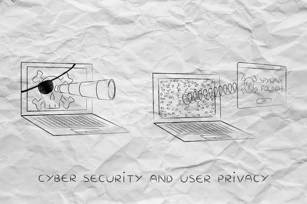 Pirata portátil espiando otro, con pop-up Spyware encontrado —  Fotos de Stock