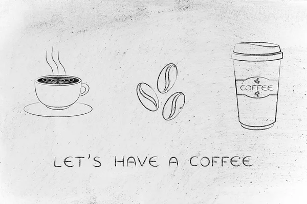 Tasse mit Latte Art, Kaffeebohnen & Tumbler-Ikonen — Stockfoto