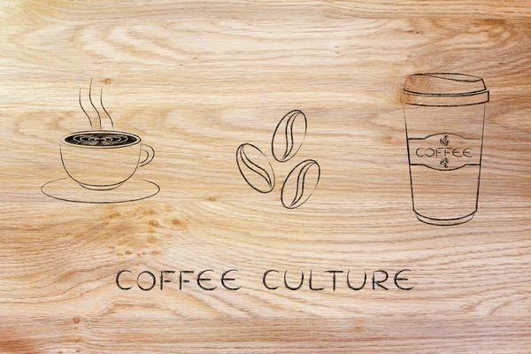 Kopp med latte art, kaffe bönor & tumlaren ikoner — Stockfoto