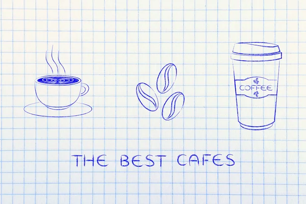 Tasse avec latte art, grains de café & icônes tumbler — Photo
