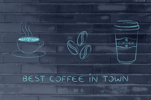 Cup met latte art, koffie bonen & tuimelaar pictogrammen — Stockfoto