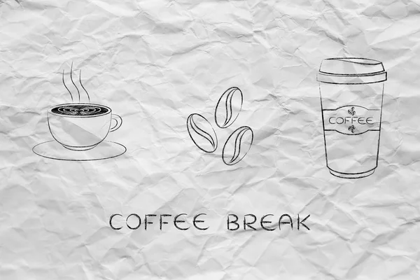 Kopp med kaffekunst, kaffebønner og tørkeikoner – stockfoto