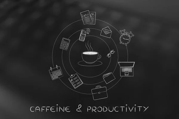 Cangkir kopi dan objek-objek kantor, kafein & produktivitas — Stok Foto