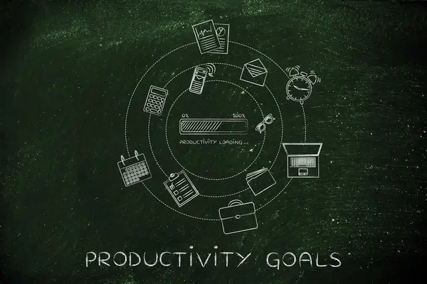 Produktivitätsfortschrittsbalken & Büroobjekte, Effizienzkonzept — Stockfoto