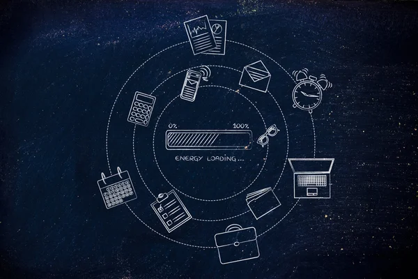 Barra de progreso de energía y objetos de oficina, concepto de eficiencia — Foto de Stock