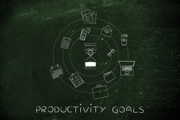 Sanduhr mit schmelzenden Uhren & Büroobjekten, Produktivität — Stockfoto