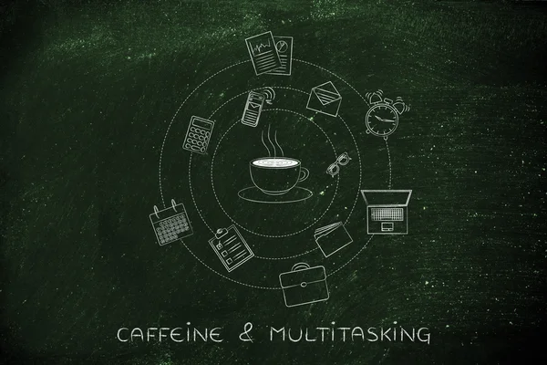 Xícara de café e objetos de escritório, cafeína e produtividade — Fotografia de Stock