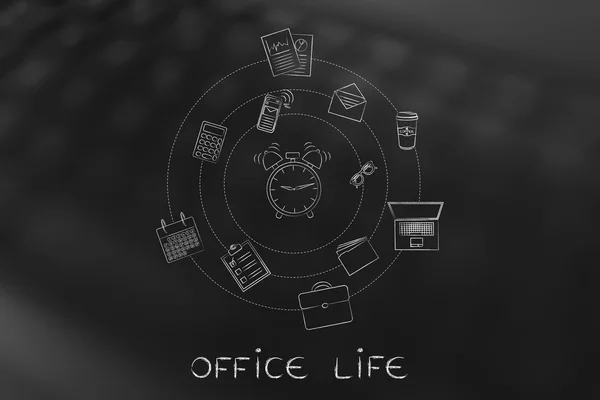 alarm clock & office objects, efficiency concept