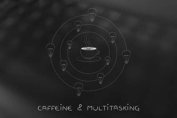 Kaffekopp omgiven av spinning glödlampa idéer — Stockfoto