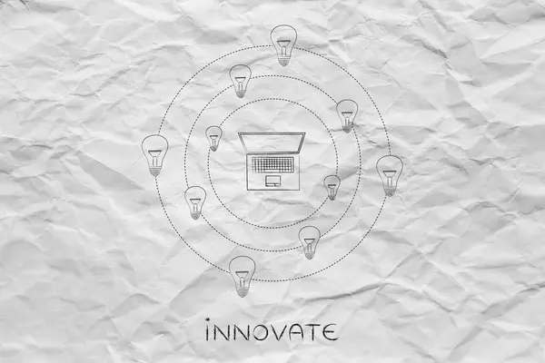 Ноутбук в окружении идей, творческих инновационных рабочих мест — стоковое фото