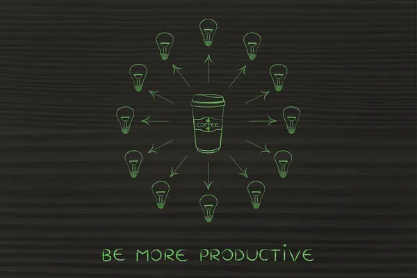Kaffeetasse umgeben von sich drehenden Glühbirnen-Ideen — Stockfoto
