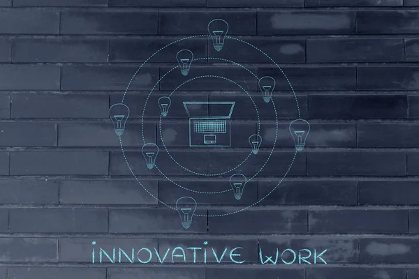 Ноутбук в окружении идей, творческих инновационных рабочих мест — стоковое фото