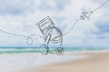 bucket list of travel destination, with beach toys and airplane  clipart