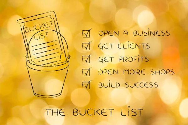 Bucket list with entrepreneur 's business success goals, ticked o — стоковое фото