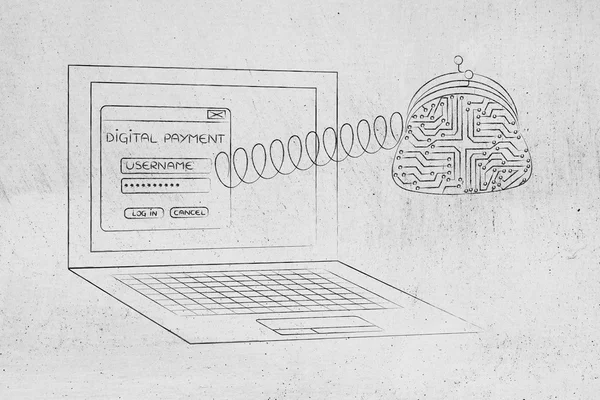 Digital betalning laptop med elektronisk börs på en fjäder — Stockfoto