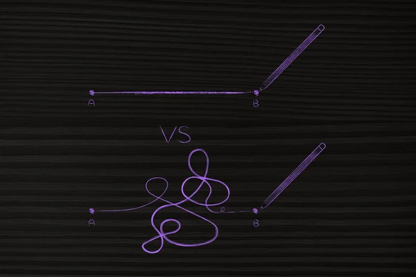 Логика против творческого процесса, точка от А до В линии карандашом — стоковое фото