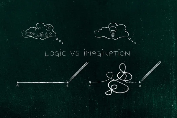 Rationalité vs processus créatif, lignes et pensées des points A à B — Photo