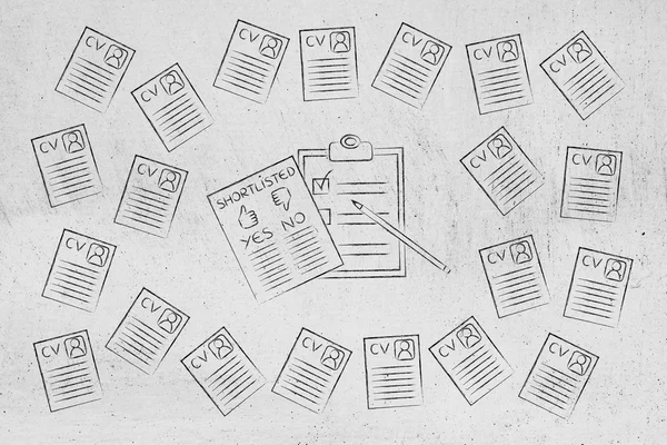 Shortlist document surrounded by lots of resumes — Stock Photo, Image