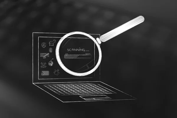 Laptop analyseras med förstoringsglas, antivirus skanna (Progress ba — Stockfoto