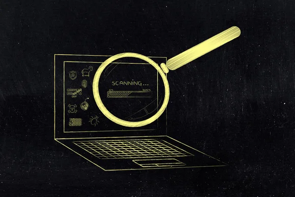 Laptop analyzed by magnifying glass, antivirus scan (progress ba — Stock Photo, Image