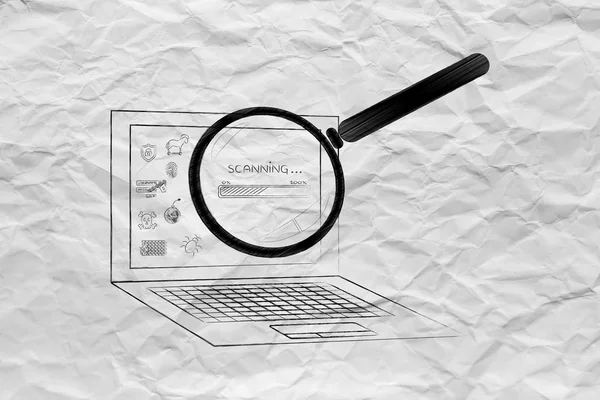 Laptop analyzed by magnifying glass, antivirus scan (progress ba — Stock Photo, Image