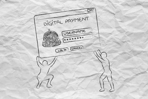men lifting pop-up with digital wallet, setup a virtual payment