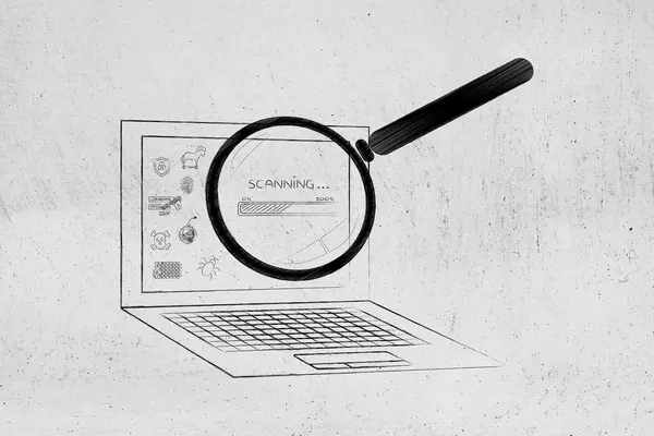 Laptop geanalyseerd door vergrootglas, antivirusscan (Progress ba — Stockfoto