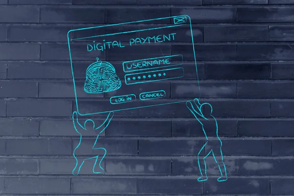 Homens levantando pop-up com carteira digital, configurar um pagamento virtual — Fotografia de Stock