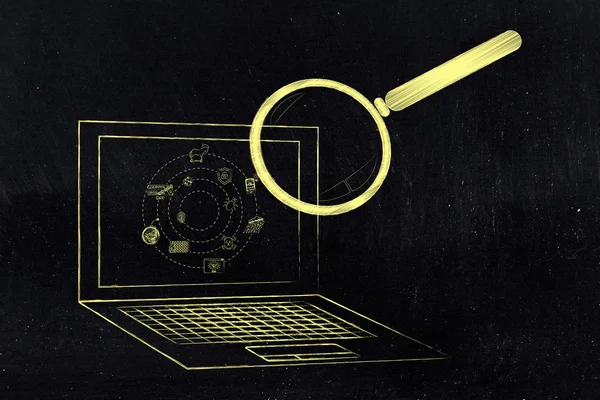 Laptop analyzed by magnifying glass, antivirus scan — Stock Photo, Image