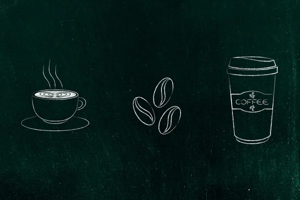 Xícara com arte latte, grãos de café & ícones tumbler — Fotografia de Stock