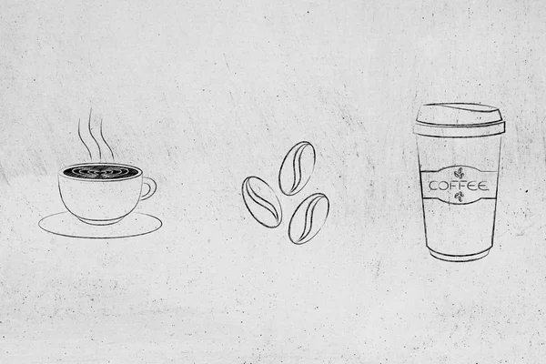 Xícara com arte latte, grãos de café & ícones tumbler — Fotografia de Stock