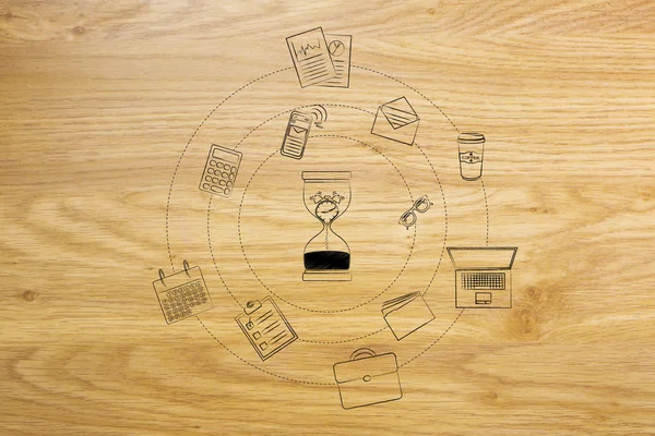 Saat ve office nesneleri, verimlilik konsantrasyon erime ile kum saati — Stok fotoğraf