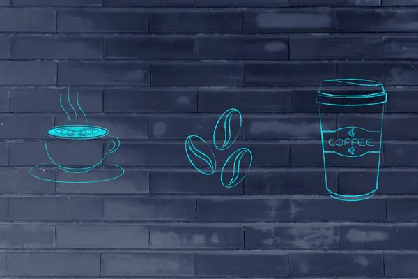 Tasse mit Latte Art, Kaffeebohnen & Tumbler-Ikonen — Stockfoto