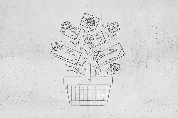 Shopping basket with gift cars and coupons, customer fidelizatio — Stock Photo, Image