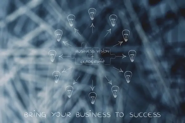 Visie en leiderschap, matching puzzel & lightbulbs rond — Stockfoto