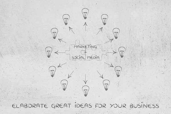 Marketing & social media, matching puzzle and lightbulbs around — Stock Photo, Image