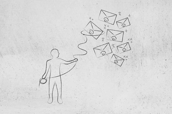 Persoon met lasso vangen enveloppen, e-mail & communicatie conc — Stockfoto