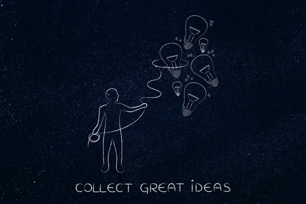 Pessoa coletando lâmpadas (ideias) com um laço, criatividade co — Fotografia de Stock
