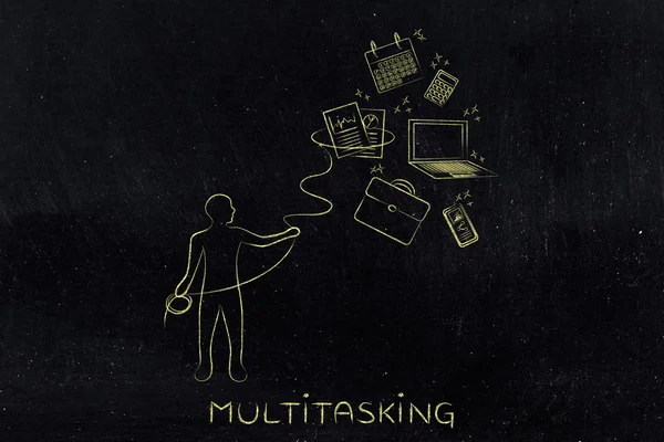 Person med lasso fånga office-objekt, multitasking på jobbet — Stockfoto