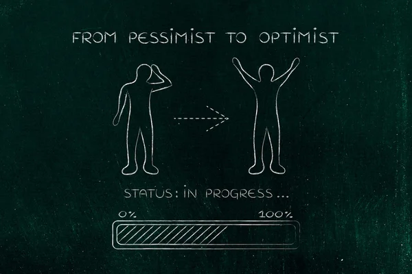 Do pessimista ao otimista: mudança de atitude do homem, barra de progresso — Fotografia de Stock