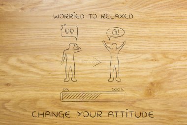 worried to relaxed: changing attitude, progress bar & comic bubb