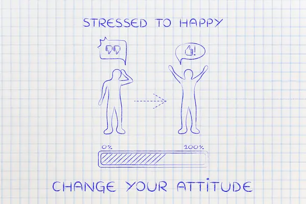 Estresado a feliz: cambio de actitud, barra de progreso y cómic bubbl — Foto de Stock